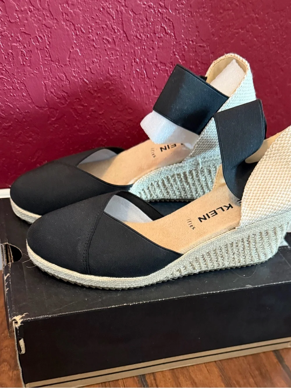 Anne Klein Black and Natural Espadrille Wedge Sandals